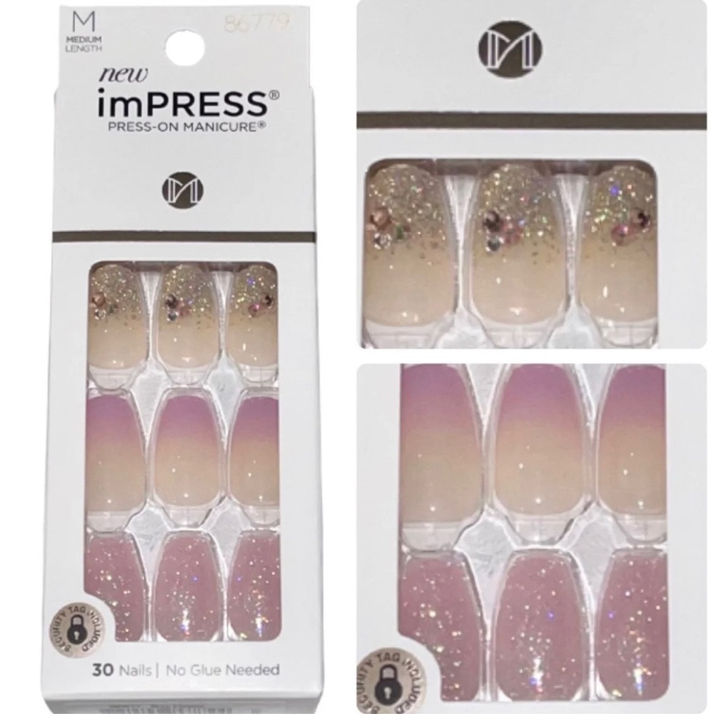 Kiss ImPress Press-On Medium Length Manicure Pink Glitter Nails May Flower x 1PK